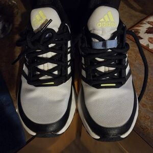 adidas White and Black Running Sneakers with Neon Yellow Logo